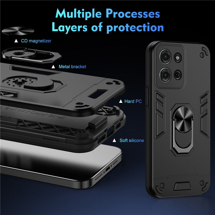 For Motorola Moto G75 5G Case PC+TPU Drop Defend Phone Cover with Ring Kickstand - Black