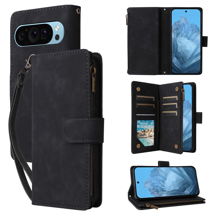 For Google Pixel 9 Pro / Pixel 9 Case Zipper Wallet Multiple Card Slots Leather Phone Cover - Black