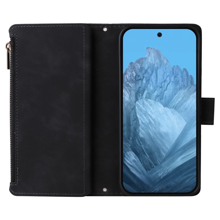 For Google Pixel 9 Pro / Pixel 9 Case Zipper Wallet Multiple Card Slots Leather Phone Cover - Black