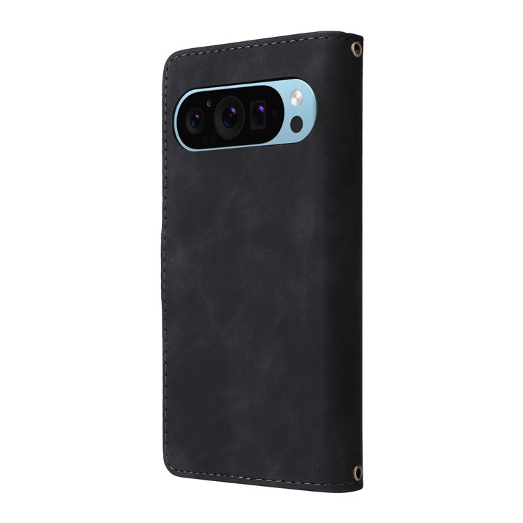 For Google Pixel 9 Pro / Pixel 9 Case Zipper Wallet Multiple Card Slots Leather Phone Cover - Black