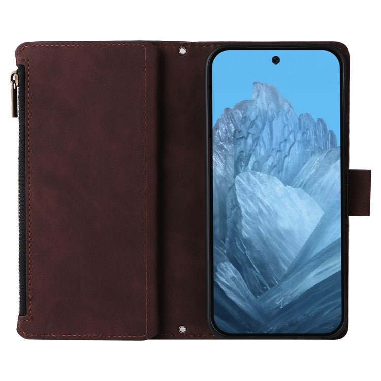 For Google Pixel 9 Pro / Pixel 9 Case Zipper Wallet Multiple Card Slots Leather Phone Cover - Coffee