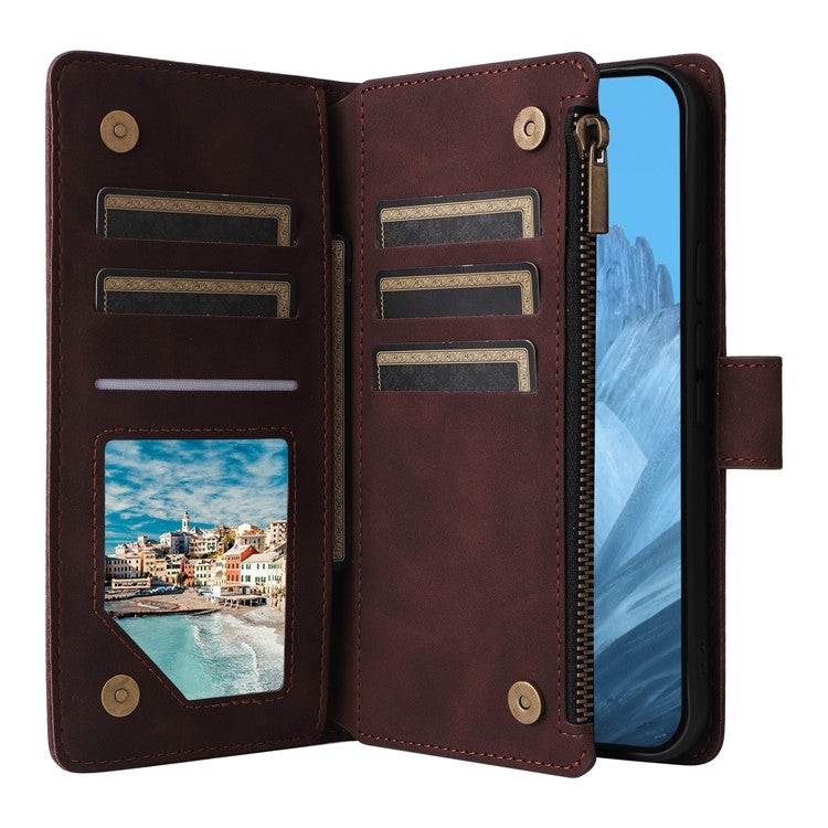 For Google Pixel 9 Pro / Pixel 9 Case Zipper Wallet Multiple Card Slots Leather Phone Cover - Coffee