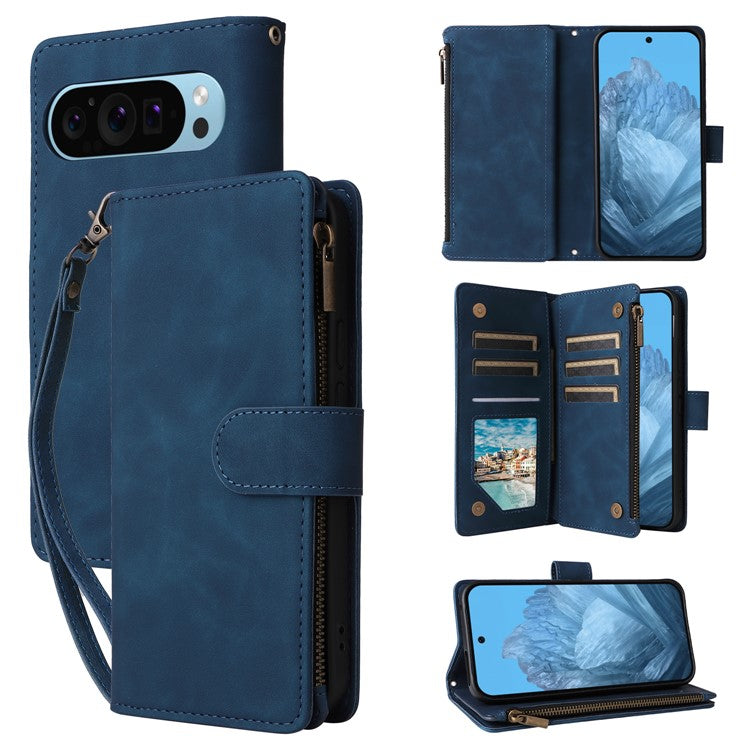 For Google Pixel 9 Pro / Pixel 9 Case Zipper Wallet Multiple Card Slots Leather Phone Cover - Blue