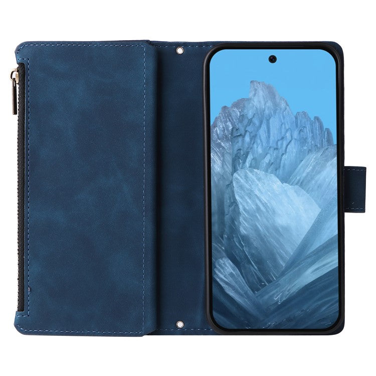 For Google Pixel 9 Pro / Pixel 9 Case Zipper Wallet Multiple Card Slots Leather Phone Cover - Blue