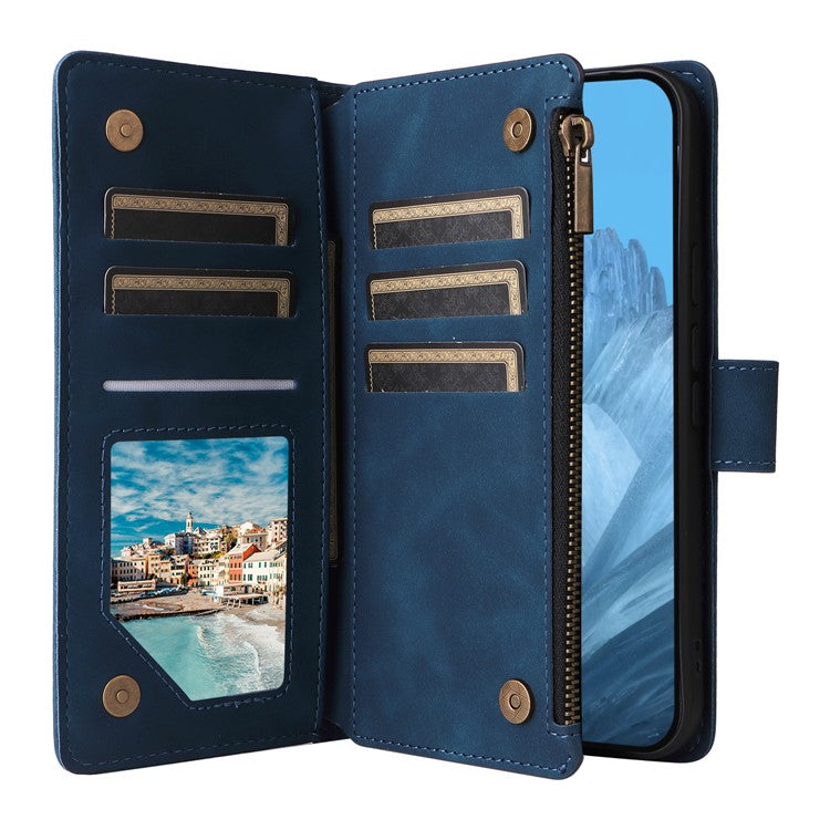 For Google Pixel 9 Pro / Pixel 9 Case Zipper Wallet Multiple Card Slots Leather Phone Cover - Blue