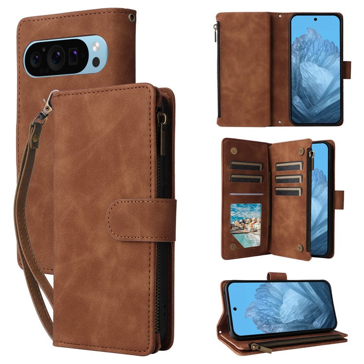 For Google Pixel 9 Pro / Pixel 9 Case Zipper Wallet Multiple Card Slots Leather Phone Cover - Brown