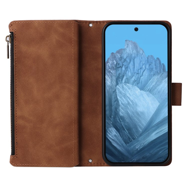 For Google Pixel 9 Pro / Pixel 9 Case Zipper Wallet Multiple Card Slots Leather Phone Cover - Brown