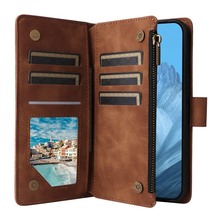 For Google Pixel 9 Pro / Pixel 9 Case Zipper Wallet Multiple Card Slots Leather Phone Cover - Brown