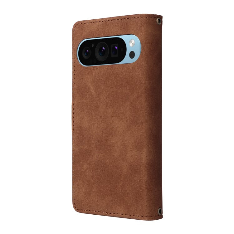 For Google Pixel 9 Pro / Pixel 9 Case Zipper Wallet Multiple Card Slots Leather Phone Cover - Brown