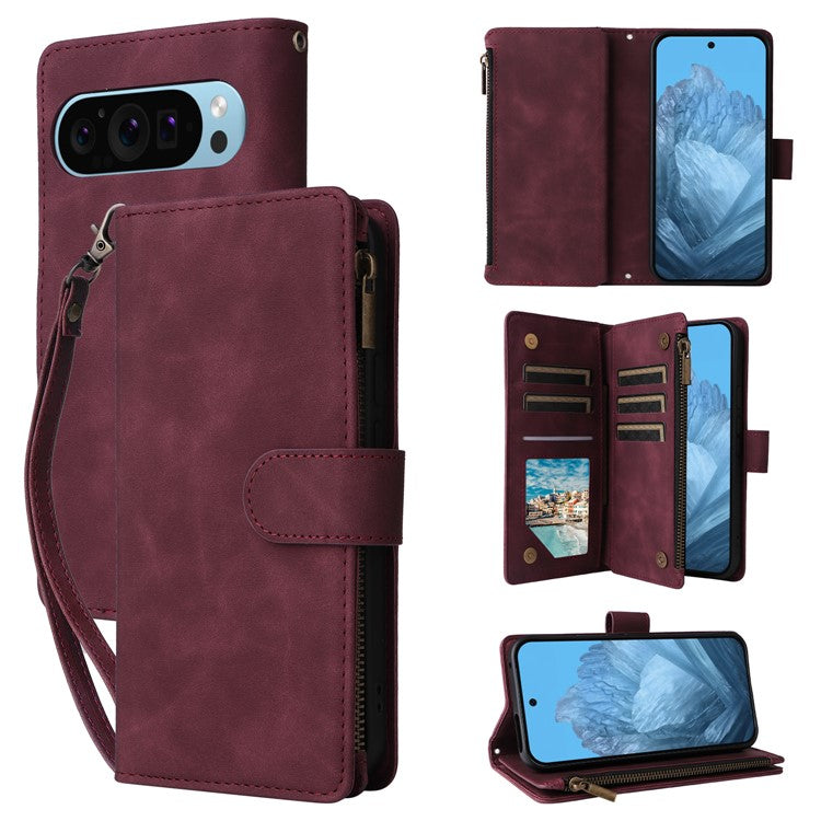 For Google Pixel 9 Pro / Pixel 9 Case Zipper Wallet Multiple Card Slots Leather Phone Cover - Wine Red