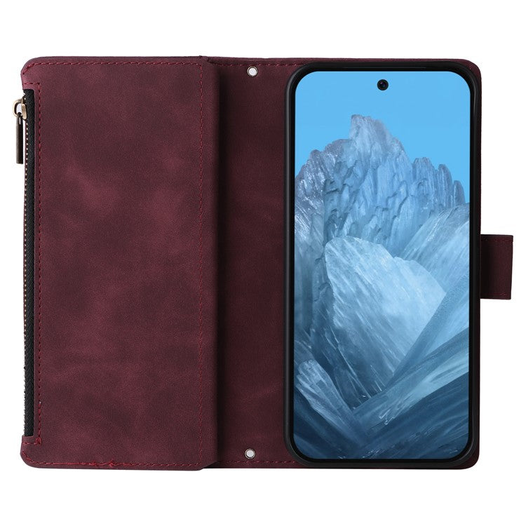 For Google Pixel 9 Pro / Pixel 9 Case Zipper Wallet Multiple Card Slots Leather Phone Cover - Wine Red