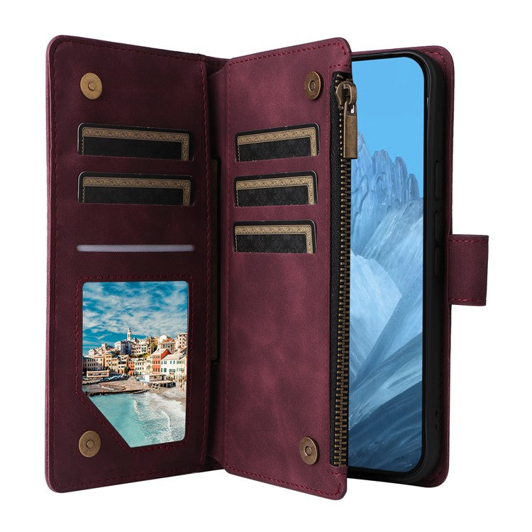 For Google Pixel 9 Pro / Pixel 9 Case Zipper Wallet Multiple Card Slots Leather Phone Cover - Wine Red