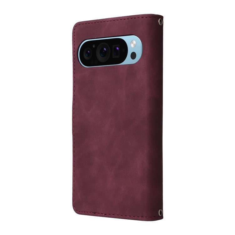 For Google Pixel 9 Pro / Pixel 9 Case Zipper Wallet Multiple Card Slots Leather Phone Cover - Wine Red