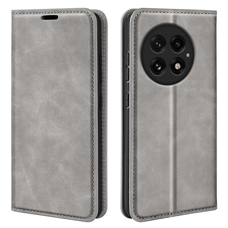 For OnePlus 13 Case Skin-Touch Leather Wallet Phone Cover - Grey