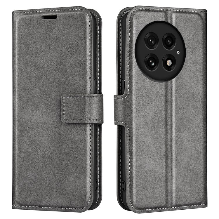 For OnePlus 13 Stand Case Anti-Scratch Calf Texture Leather Phone Cover - Grey