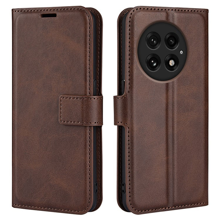 For OnePlus 13 Stand Case Anti-Scratch Calf Texture Leather Phone Cover - Brown