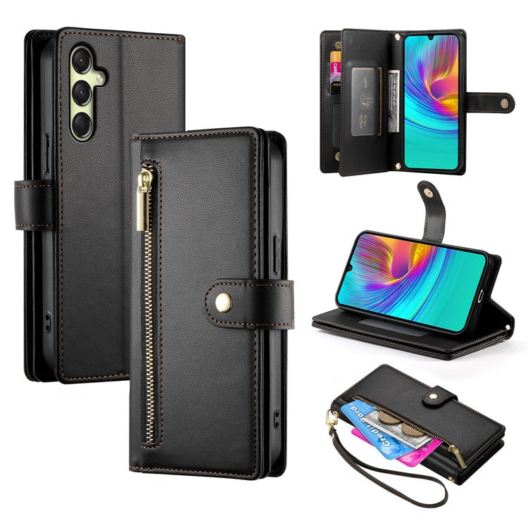 DF-011 For Samsung Galaxy A26 5G Case Zipper Pocket Wallet Leather Phone Cover with Straps - Black