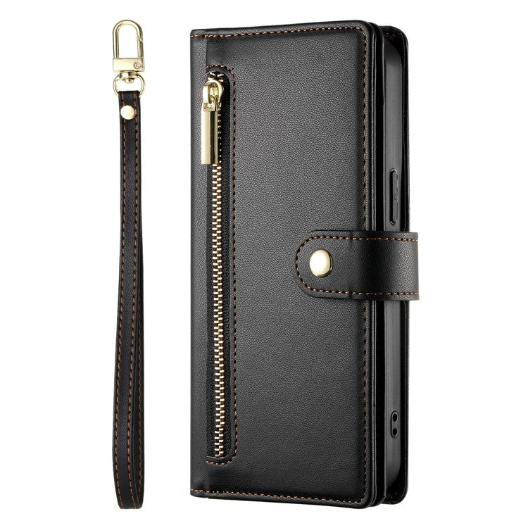 DF-011 For Samsung Galaxy A26 5G Case Zipper Pocket Wallet Leather Phone Cover with Straps - Black