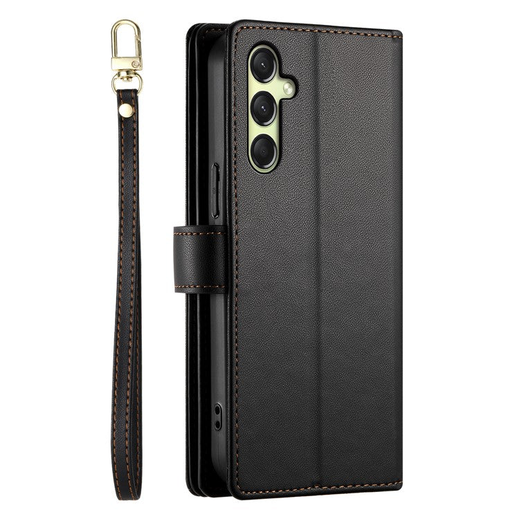 DF-011 For Samsung Galaxy A26 5G Case Zipper Pocket Wallet Leather Phone Cover with Straps - Black