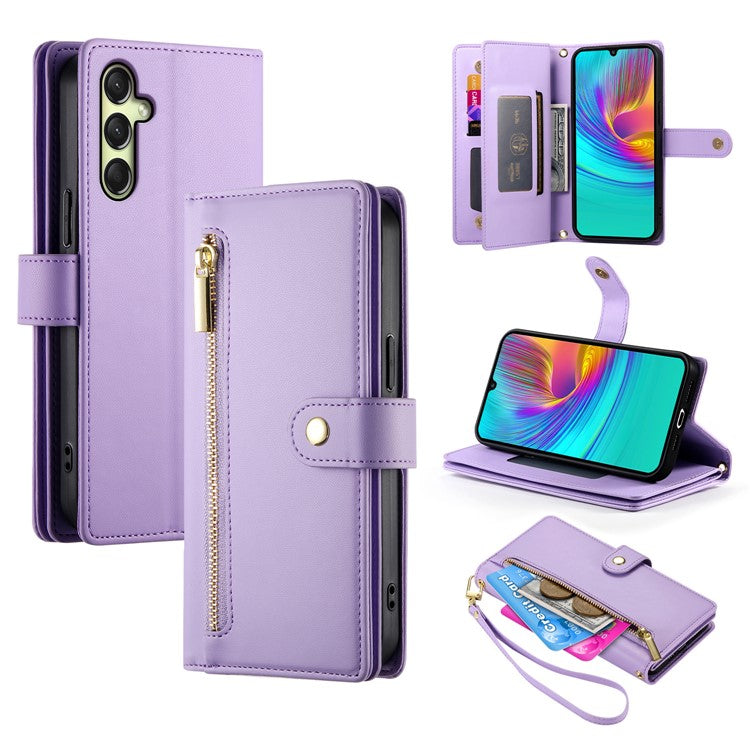 DF-011 For Samsung Galaxy A36 5G Case Zipper Pocket Wallet Leather Phone Cover with Straps - Purple