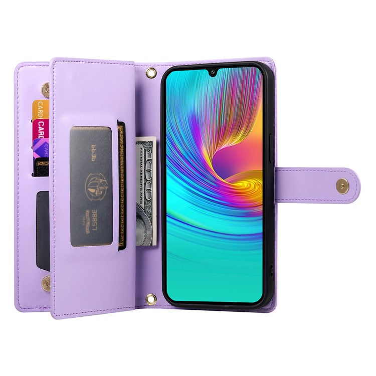 DF-011 For Samsung Galaxy A36 5G Case Zipper Pocket Wallet Leather Phone Cover with Straps - Purple