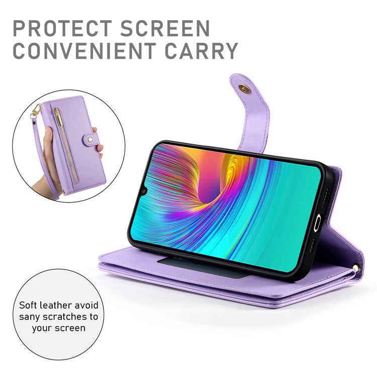 DF-011 For Samsung Galaxy A36 5G Case Zipper Pocket Wallet Leather Phone Cover with Straps - Purple