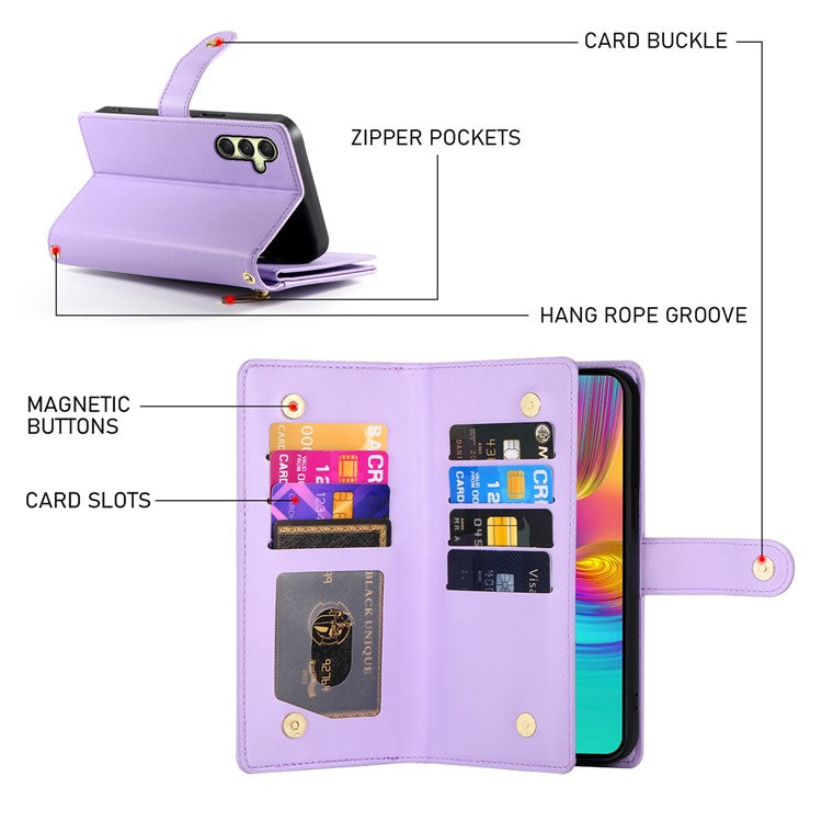 DF-011 For Samsung Galaxy A36 5G Case Zipper Pocket Wallet Leather Phone Cover with Straps - Purple