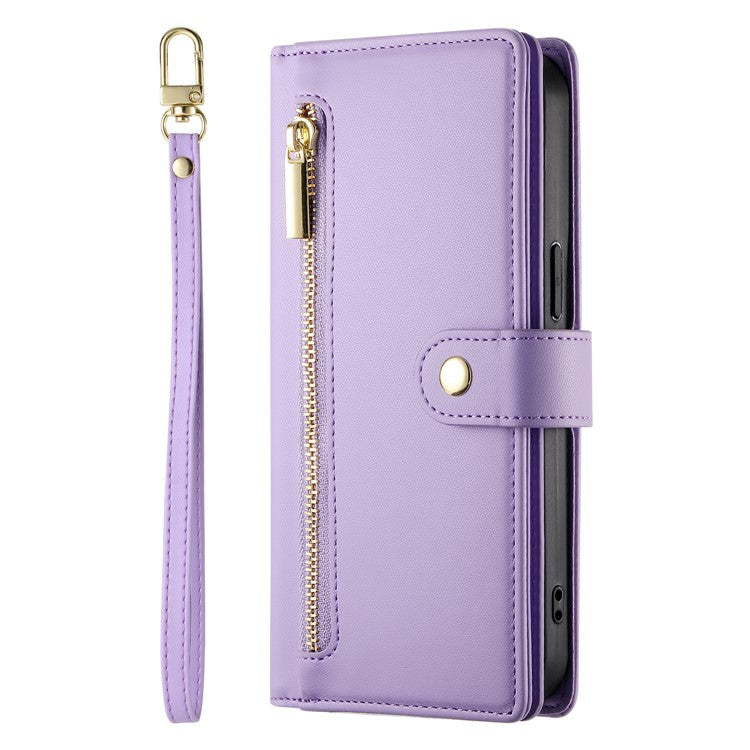 DF-011 For Samsung Galaxy A36 5G Case Zipper Pocket Wallet Leather Phone Cover with Straps - Purple