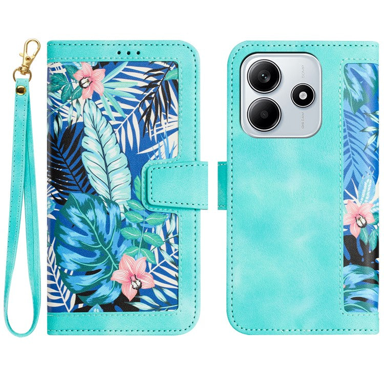 For Xiaomi Redmi Note 14 5G Case PU Leather Floral Phone Cover with Card Slots - Green