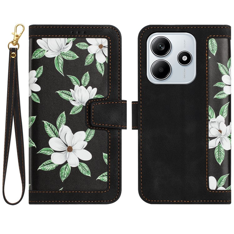 For Xiaomi Redmi Note 14 5G Case PU Leather Floral Phone Cover with Card Slots - Black