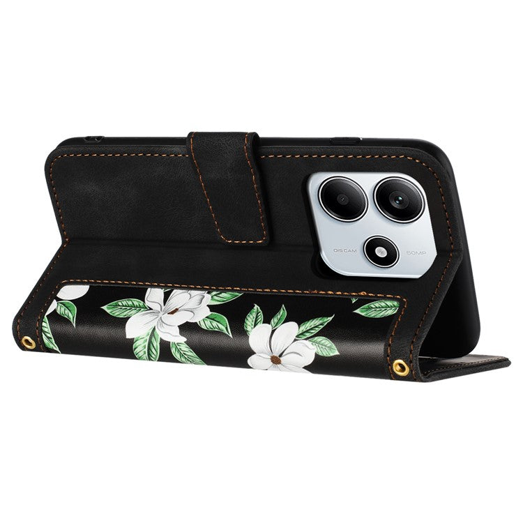 For Xiaomi Redmi Note 14 5G Case PU Leather Floral Phone Cover with Card Slots - Black