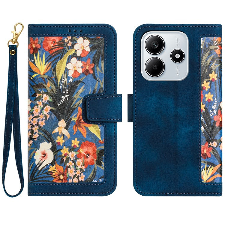 For Xiaomi Redmi Note 14 5G Case PU Leather Floral Phone Cover with Card Slots - Dark Blue