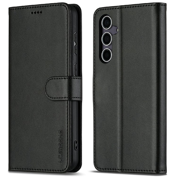 LC.IMEEKE For Samsung Galaxy S25 Case Calf Texture PU Leather Stand Wallet Phone Cover - Black