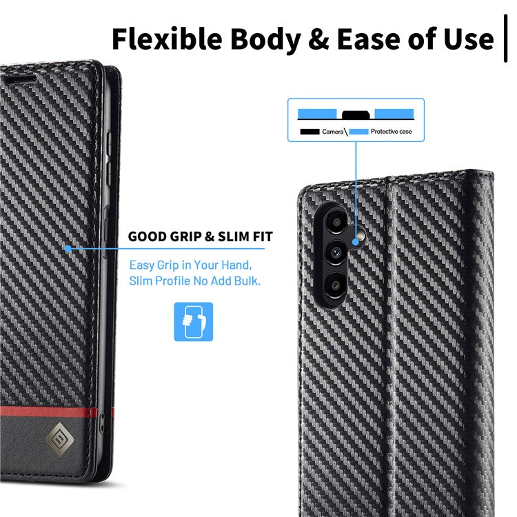 LC.IMEEKE For Samsung Galaxy S25 Case Carbon Fiber Texture Phone Cover Stand Card Holder - Horizontal Stripe