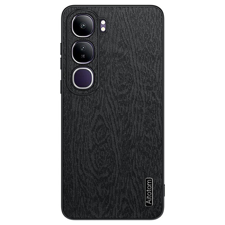 For vivo V40 Lite (Indonesia) 5G Case Wood Texture PU Leather Coated PC+TPU Phone Cover - Black