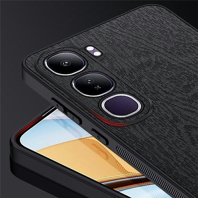 For vivo V40 Lite (Indonesia) 5G Case Wood Texture PU Leather Coated PC+TPU Phone Cover - Black