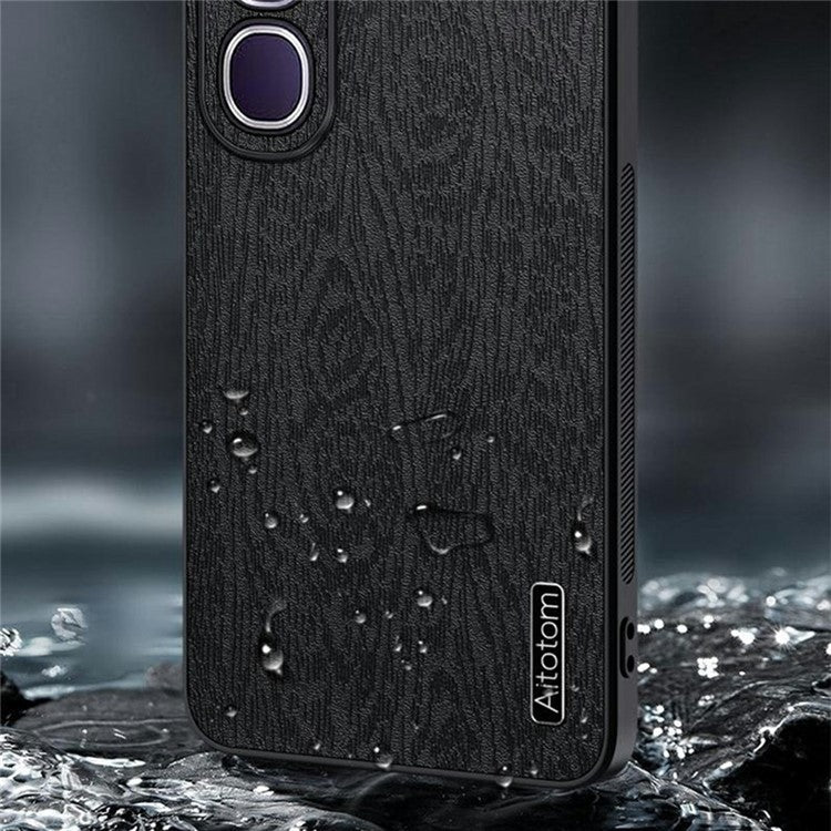 For vivo V40 Lite (Indonesia) 5G Case Wood Texture PU Leather Coated PC+TPU Phone Cover - Black