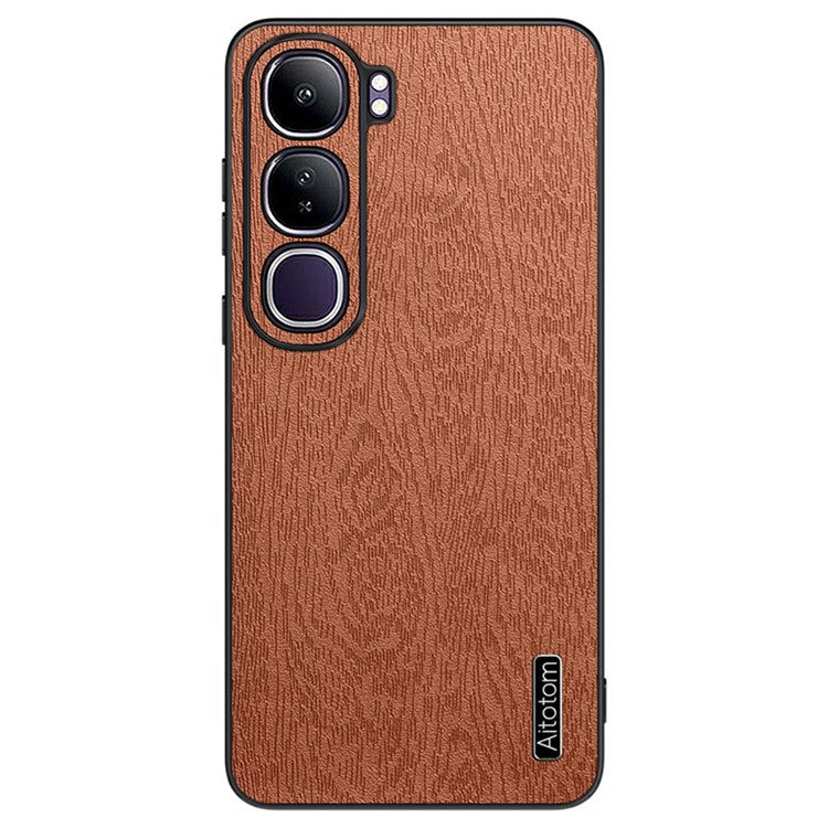 For vivo V40 Lite (Indonesia) 5G Case Wood Texture PU Leather Coated PC+TPU Phone Cover - Brown