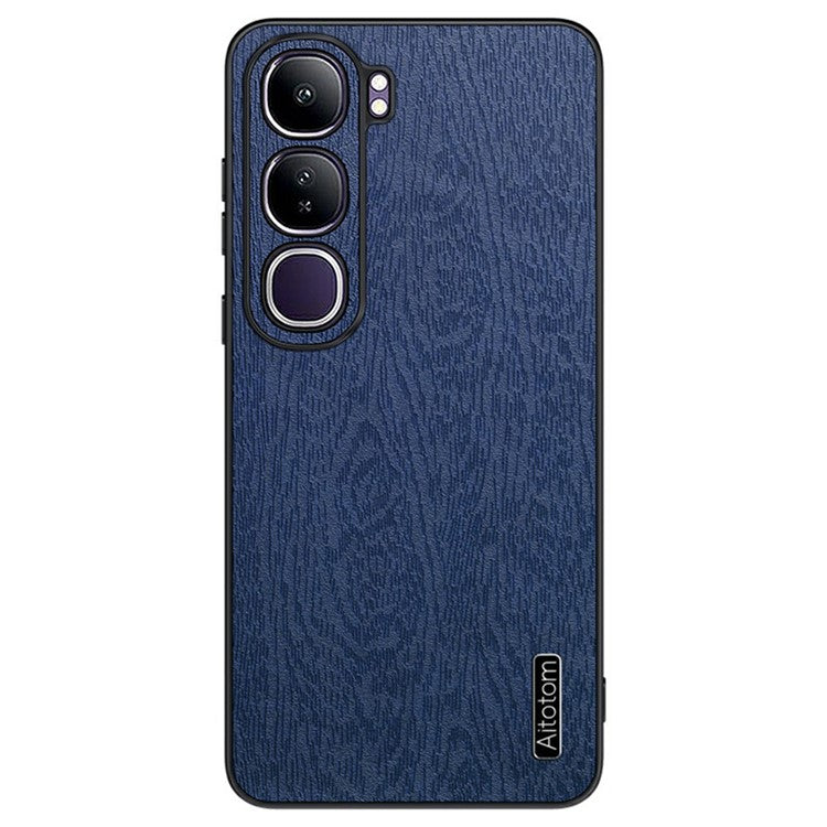 For vivo V40 Lite (Indonesia) 5G Case Wood Texture PU Leather Coated PC+TPU Phone Cover - Blue