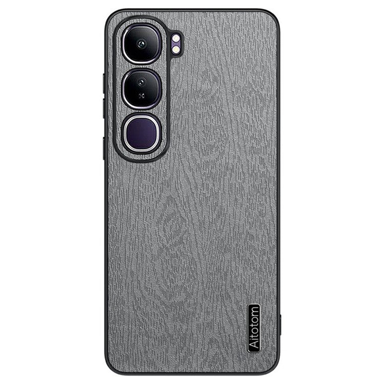 For vivo V40 Lite (Indonesia) 5G Case Wood Texture PU Leather Coated PC+TPU Phone Cover - Grey