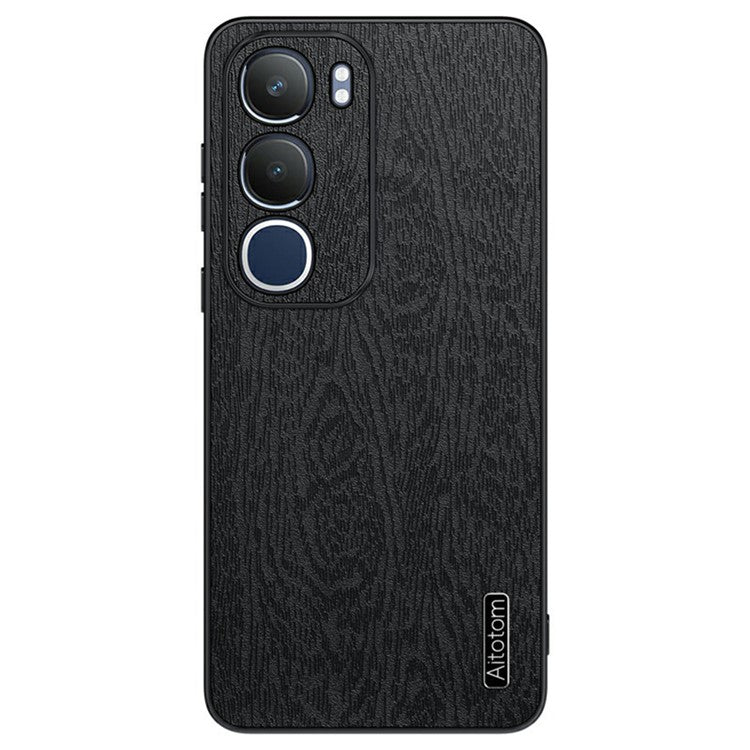 For vivo Y19s 4G Case Wood Texture PU Leather Coated PC+TPU Phone Cover - Black