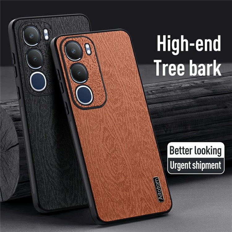 For vivo Y19s 4G Case Wood Texture PU Leather Coated PC+TPU Phone Cover - Black