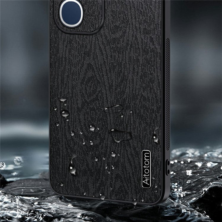 For vivo Y19s 4G Case Wood Texture PU Leather Coated PC+TPU Phone Cover - Black