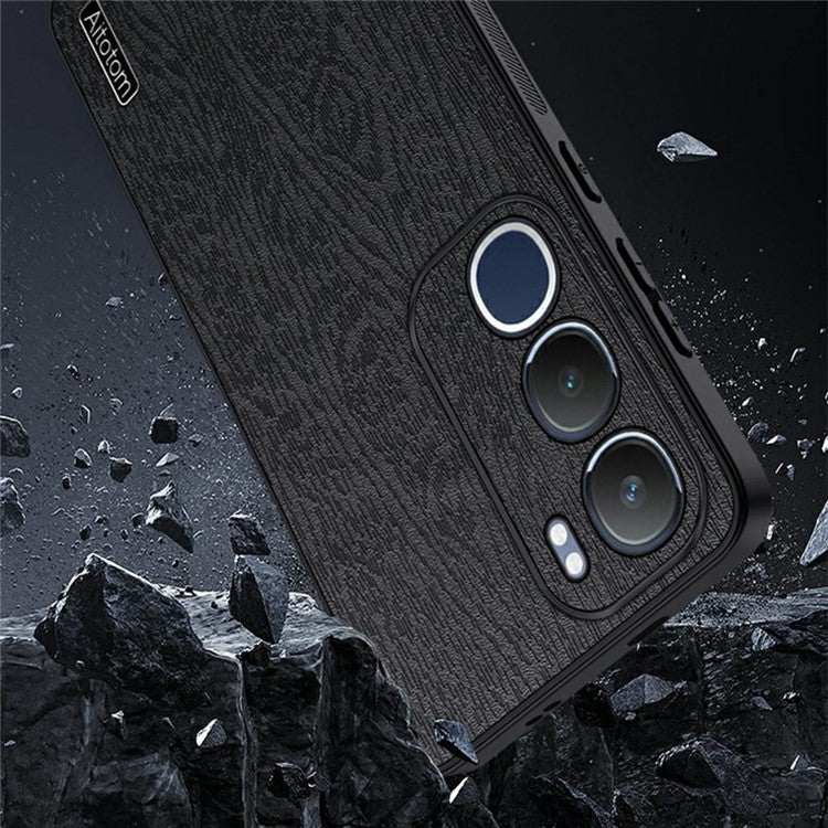 For vivo Y19s 4G Case Wood Texture PU Leather Coated PC+TPU Phone Cover - Black