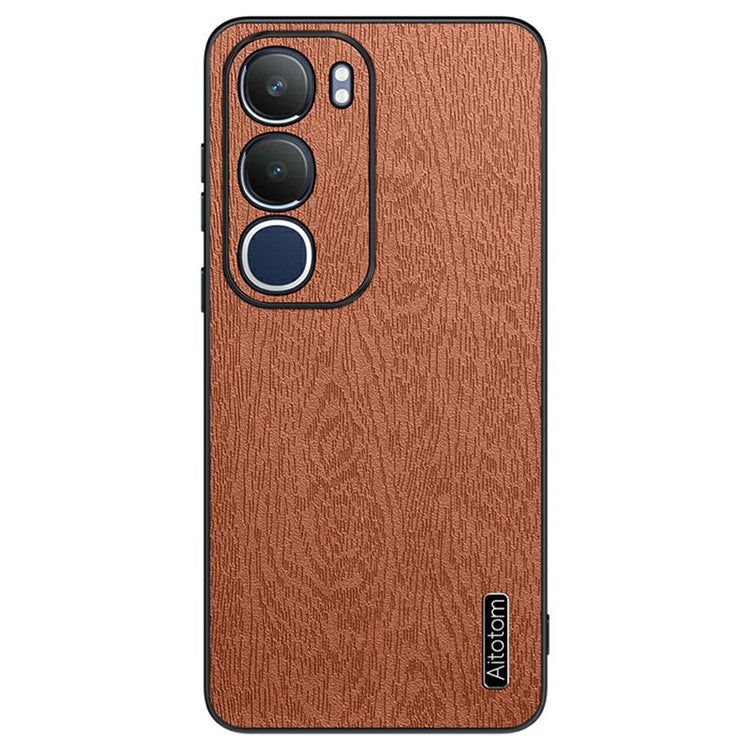 For vivo Y19s 4G Case Wood Texture PU Leather Coated PC+TPU Phone Cover - Brown