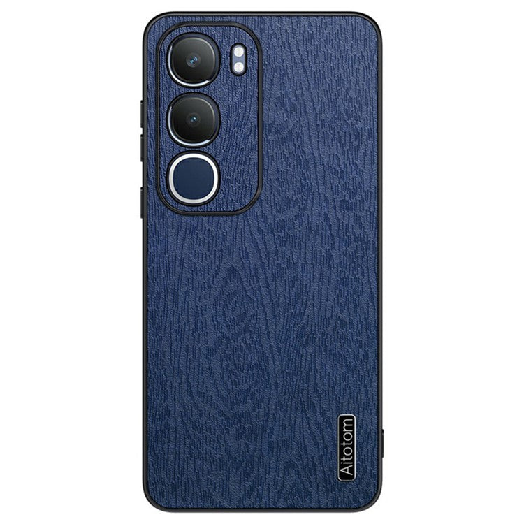 For vivo Y19s 4G Case Wood Texture PU Leather Coated PC+TPU Phone Cover - Blue