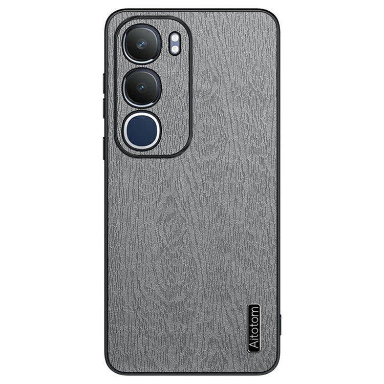 For vivo Y19s 4G Case Wood Texture PU Leather Coated PC+TPU Phone Cover - Grey