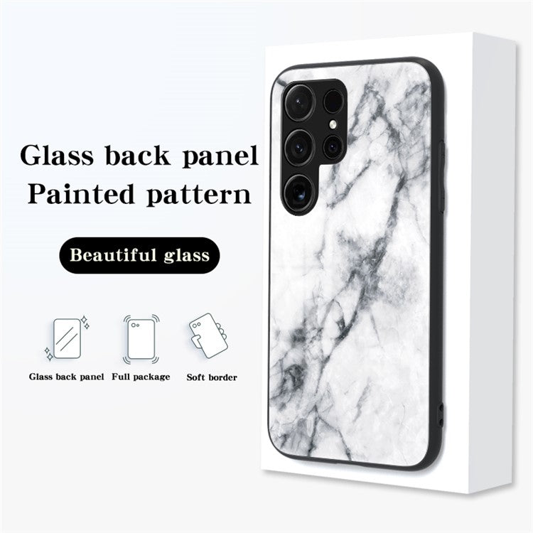 For Samsung Galaxy S25 Ultra Case Marble Pattern Tempered Glass+PC+TPU Protective Phone Cover - White Marble