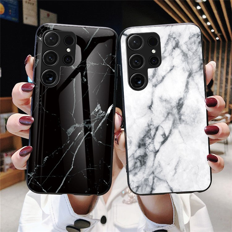 For Samsung Galaxy S25 Ultra Case Marble Pattern Tempered Glass+PC+TPU Protective Phone Cover - White Marble