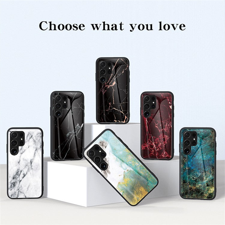 For Samsung Galaxy S25 Ultra Case Marble Pattern Tempered Glass+PC+TPU Protective Phone Cover - White Marble